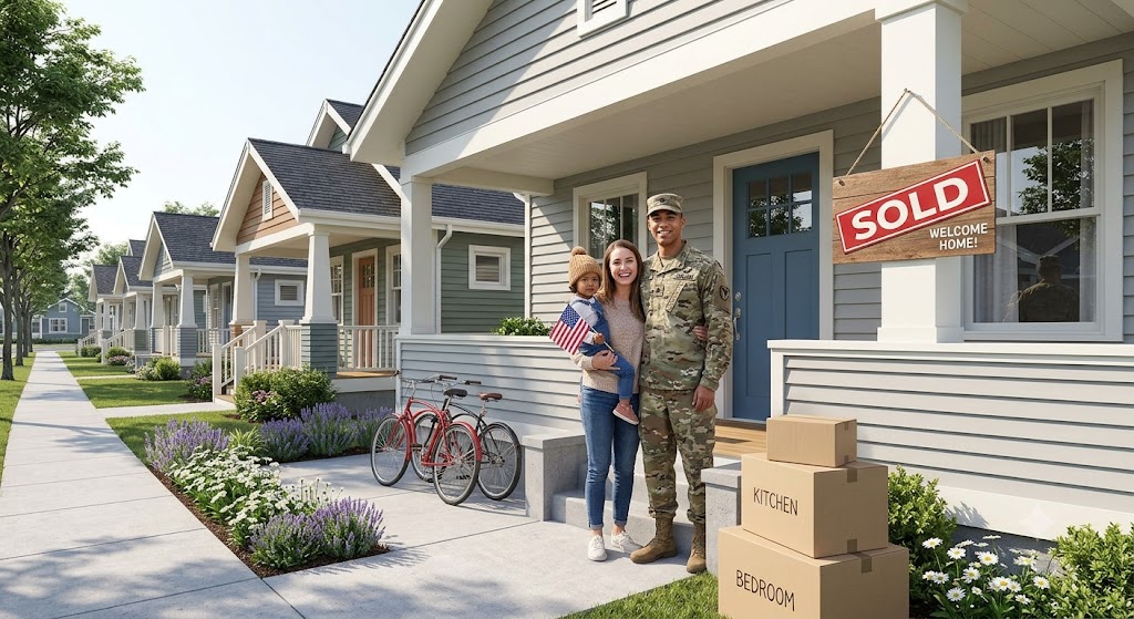 A young military family in front of a home with a sold or welcome home sign
